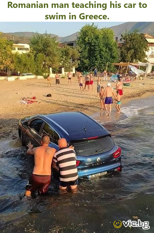 Romanian man teaching his car to swim in Greece.