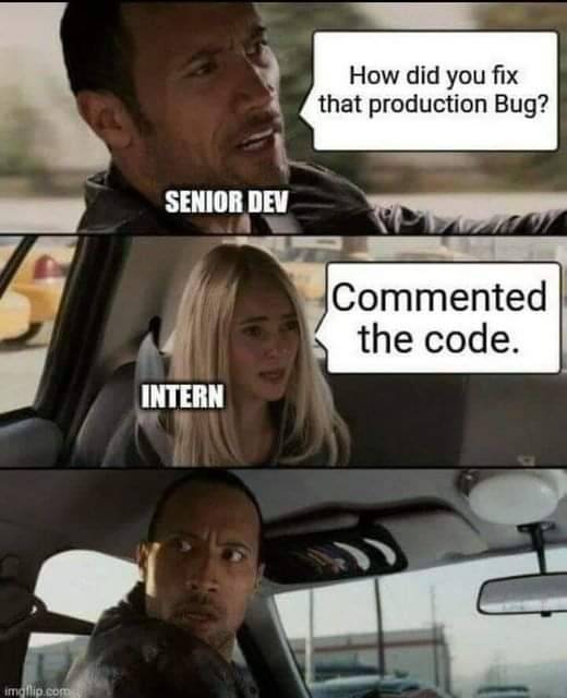 Senior dev: How did you fix that production bug?<br />Intern: Commented the code