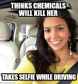 She thinks chemicals<br />She thinks chemicals will kill her, takes selfy while driving