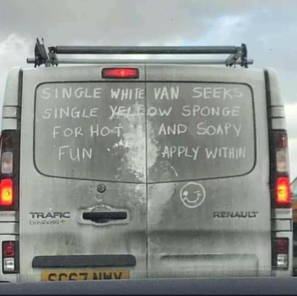 Single white van seeks single yellow sponge for hot and soapy fun