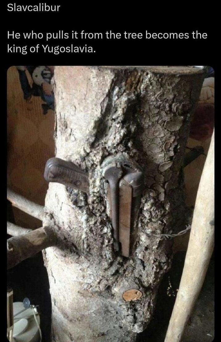 Slavcalibur:He who pulls it from the tree becomes the king of Yugoslavia.