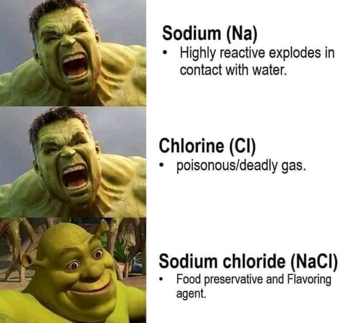 Sodium (Na) • Highly reactive explodes in contact with water. Chlorine (CI) • poisonous/deadly gas. Sodium chloride (NaCI) • Food preservative and Flavoring agent.