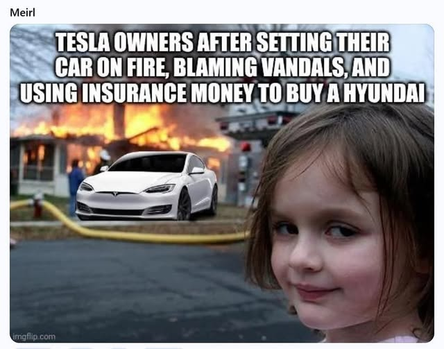 Tesla owners after setting theib car on fire, blaming vandals, and using insurance money to buy a hyundai