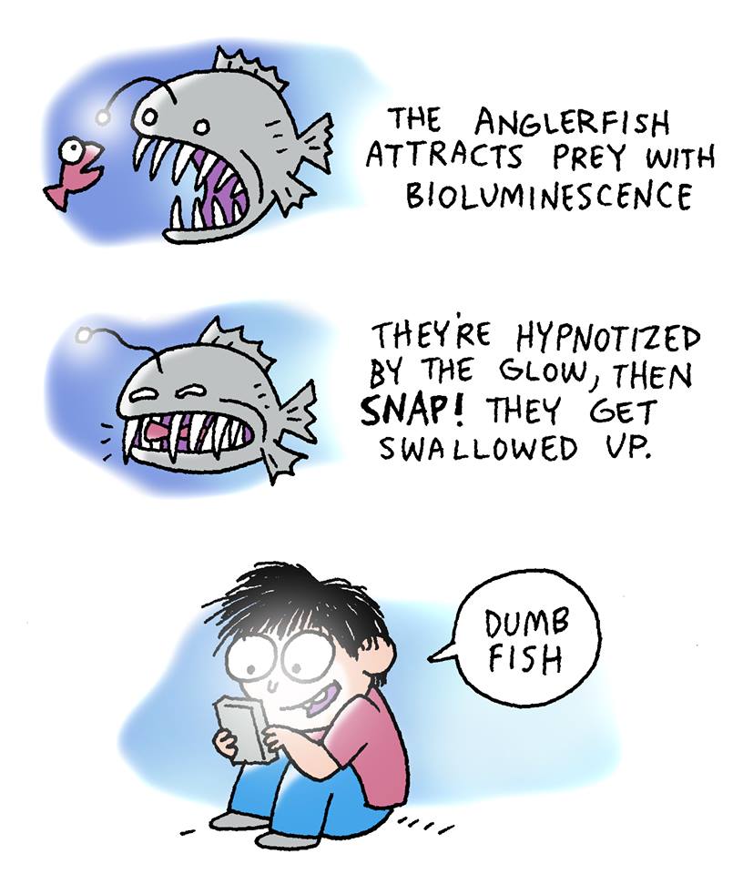 The anglerfish attracts prey with bioluminescence. The're hypnitized by the glow, then SNAP! They get swallowed up  - Dumb fish