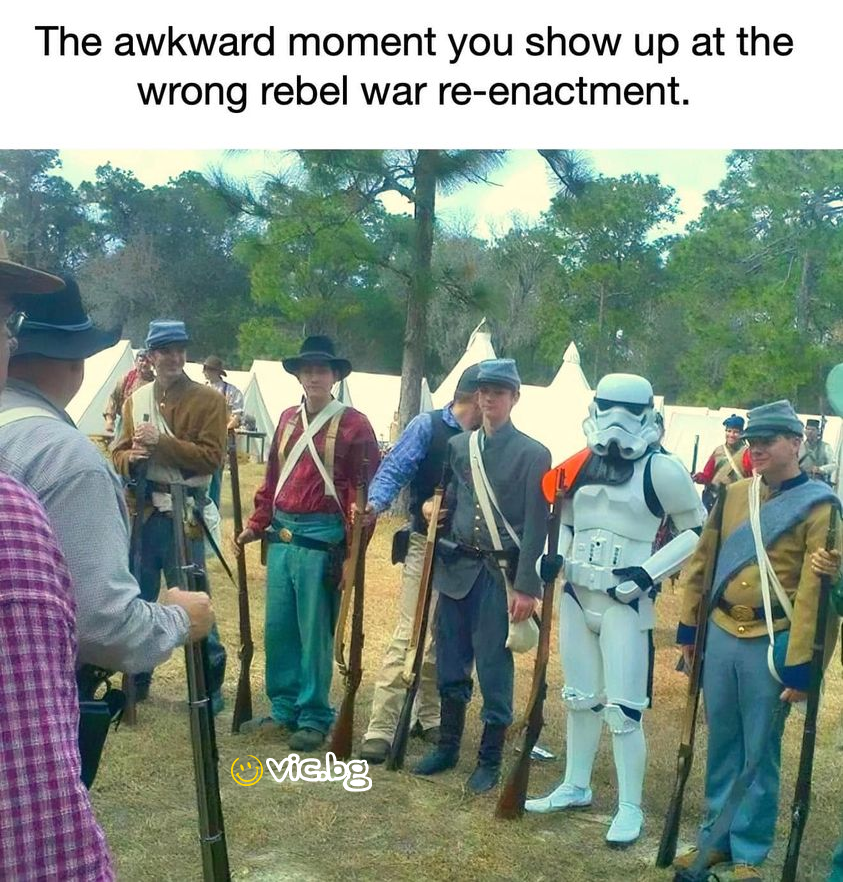 The awkward moment you show up at the wrong rebel war re-enactment.