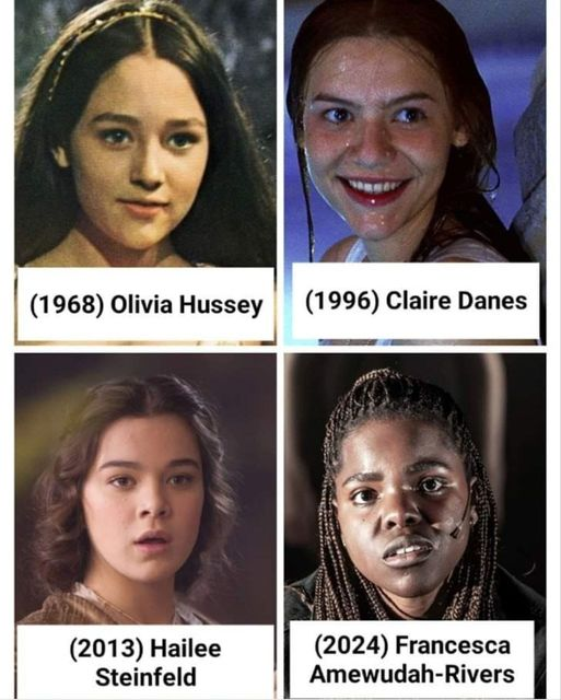 The portrayal of one of William Shakespeare's most iconic characters, Juliet, over the years. Olivia Hussey 1968 Claire Danes 1996 Hailee Steinfeld 2013  Francesca Amewudah-Rivers