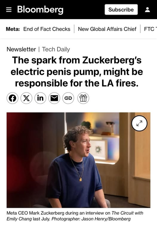 The spark from Zuckerberg's electric penis pump, might be responsible for the LA fires. Meta CEO Mark Zuckerberg during an interview on The Circuit with Emily Chang last July. Photographer: Jason...