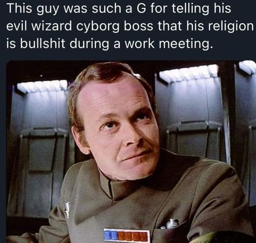 This guy was such a G for telling his evil wizard cyborg boss that his religion is bullshit during a work meeting.