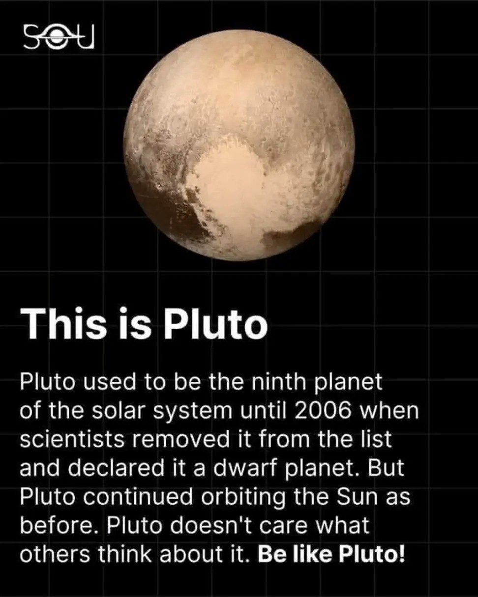 This is Pluto! Pluto used to be the ninth planet of the solar system until 2006 when scientists removed it from the list and declared it а dwarf planet.  But Pluto continued orbiting the Sun as before