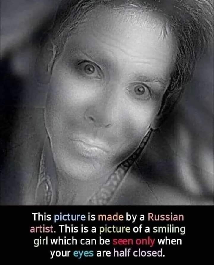 This picture is made by a Russian artist. This is a picture of a smiling girl which can be seen only when your eyes are half closed.