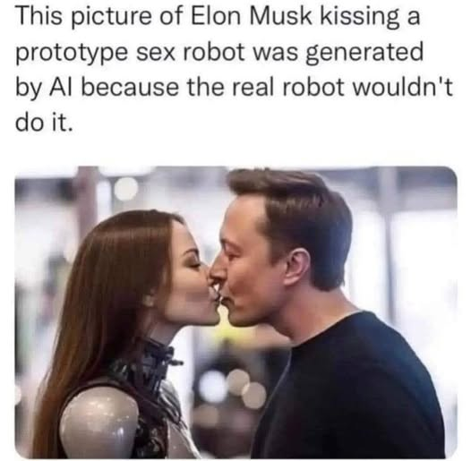 This picture of Elon Musk kissing a prototype sex robot was generated by Al because the real robot wouldn't do it.