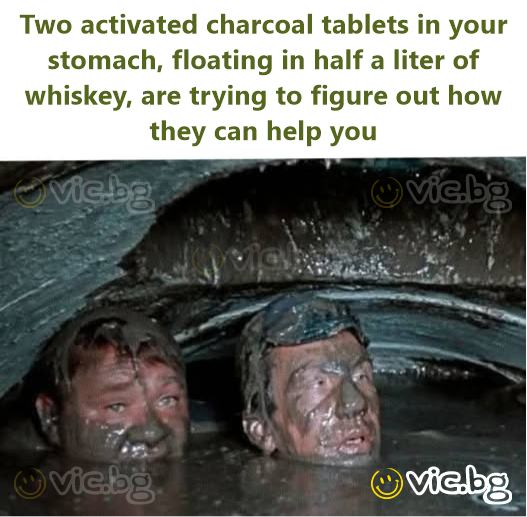 Two activated charcoal tablets in your stomach, floating in half a liter of whiskey, are trying to figure out how they can help you