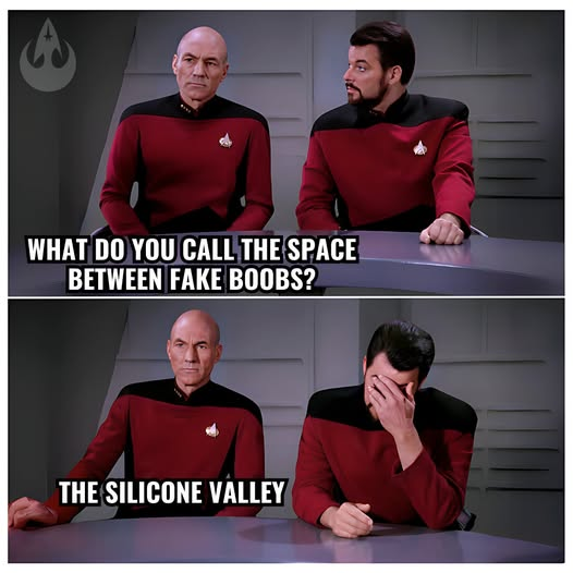 What do you call the space between fake boobs? The silicone valley