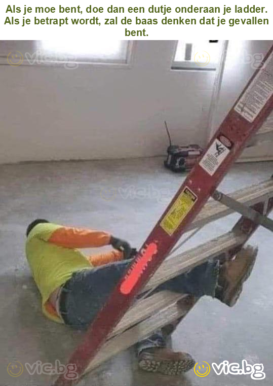 Als je moe bent, doe dan een dutje onderaan je ladder. Als je betrapt wordt, zal de baas denken dat je gevallen bent.