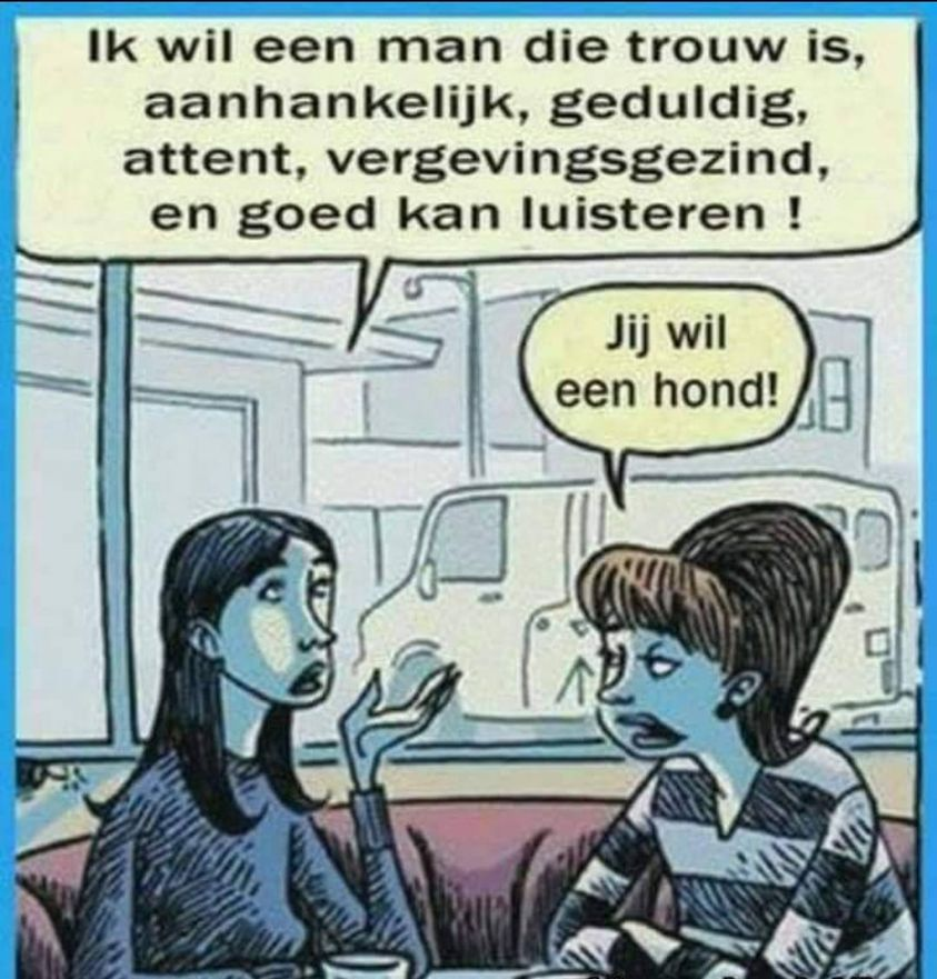 Ik wil een man die trouw is, aanhankelijk, geduldig, attent, vergevingsgezind, en goed kan luisteren ! Jij wil een hond!