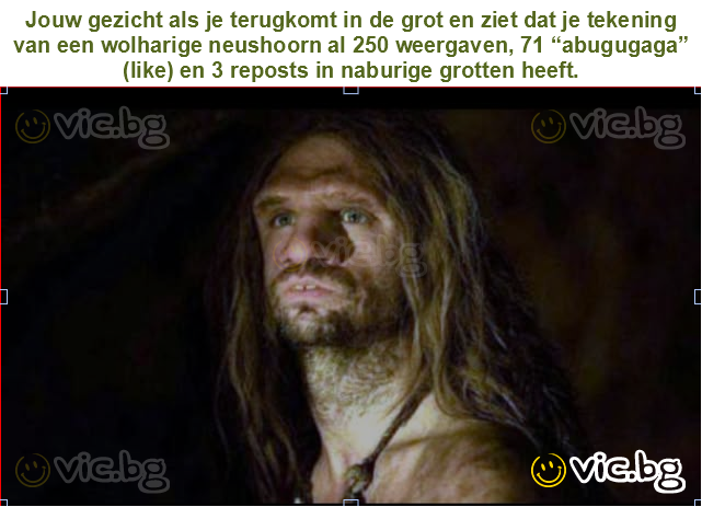 Jouw gezicht als je terugkomt in de grot en ziet dat je tekening van een wolharige neushoorn al 250 weergaven, 71 “abugugaga” (like) en 3 reposts in naburige grotten heeft.