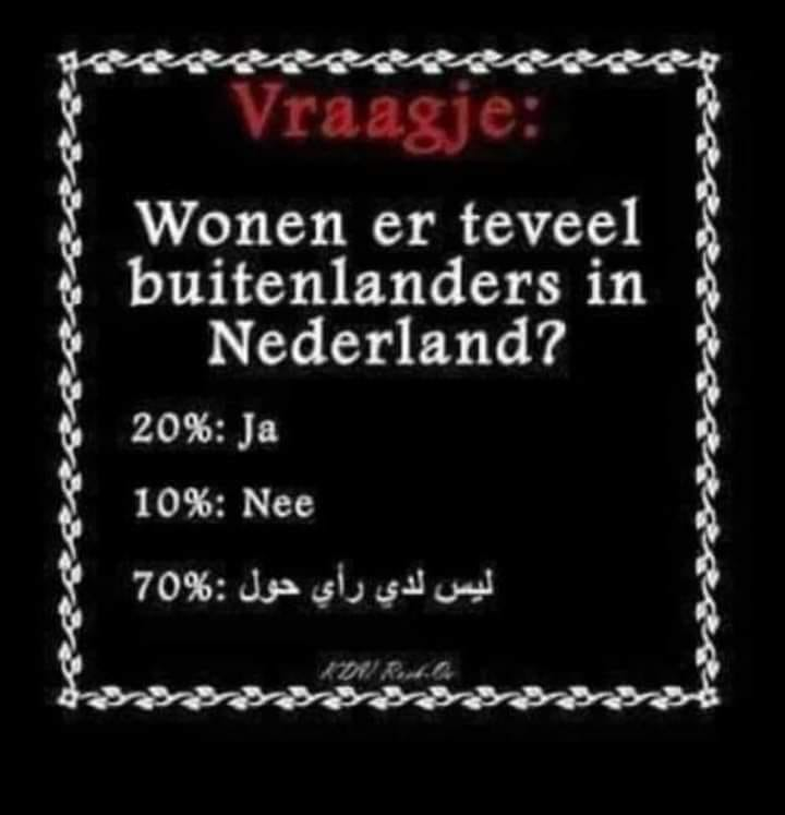 Vraagje: Wonen er teveel buitenlanders in Nederland? - 20% Ja - 10% Nee - 70%