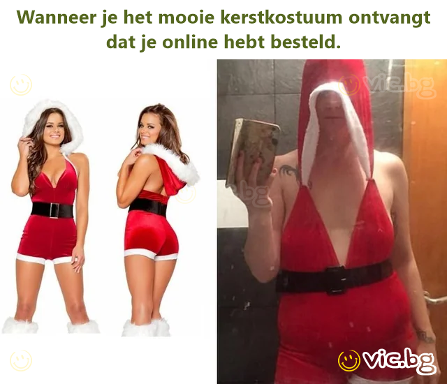 Wanneer je het mooie kerstkostuum ontvangt dat je online hebt besteld.
