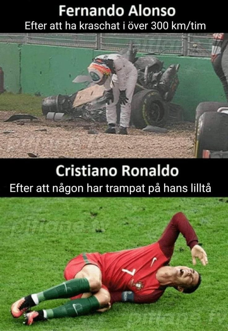 Fernando Alonso Efter att ha kraschat i över 300 km/tim. Cristiano Ronaldo Efter att nagon har trampat pa hans lilltà