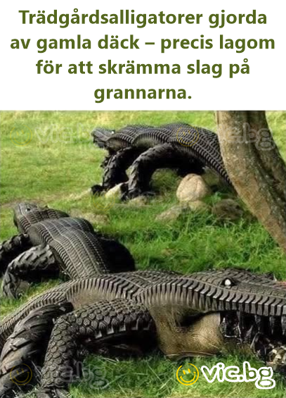 Trädgårdsalligatorer gjorda av gamla däck – precis lagom för att skrämma slag på grannarna.