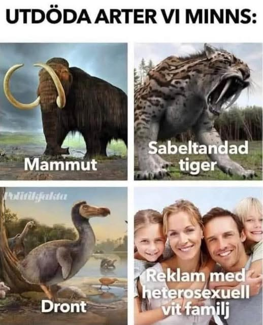 Utdoda arter vi minns: Mammut, Sabeltandad tiger, Dront, Reklam med heterosexuell vit familj 