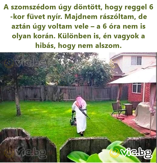 A szomszédom úgy döntött, hogy reggel 6-kor füvet nyír. Majdnem rászóltam, de aztán úgy voltam vele – a 6 óra nem is olyan korán. Különben is, én vagyok a hibás, hogy nem alszom.
