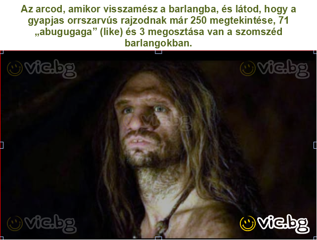 Az arcod, amikor visszamész a barlangba, és látod, hogy a gyapjas orrszarvús rajzodnak már 250 megtekintése, 71 „abugugaga” (like) és 3 megosztása van a szomszéd barlangokban.