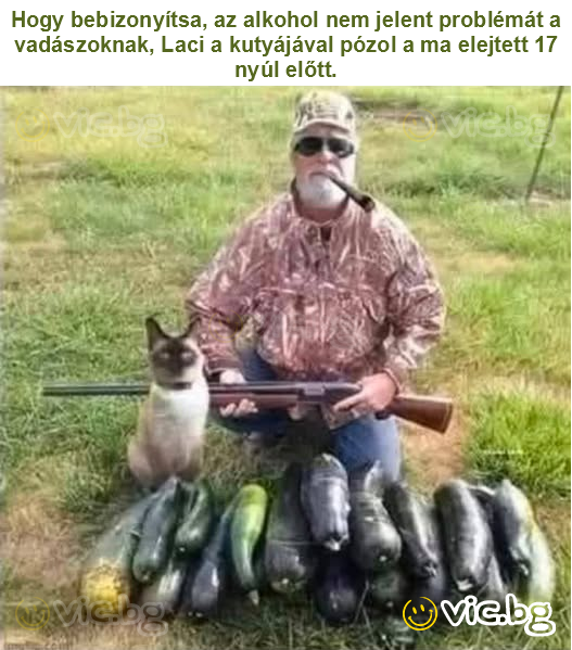 Hogy bebizonyítsa, az alkohol nem jelent problémát a vadászoknak, Laci a kutyájával pózol a ma elejtett 17 nyúl előtt.