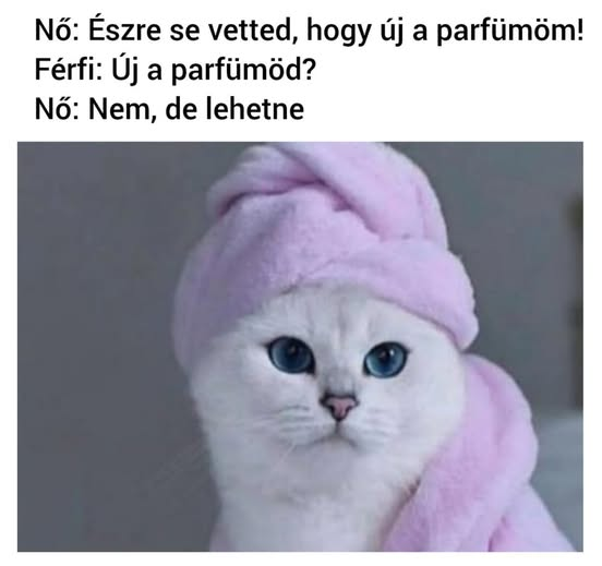Nő: Észre se vetted, hogy új a parfümöm! Férfi: Új a parfümöd? Nő: Nem, de lehetne