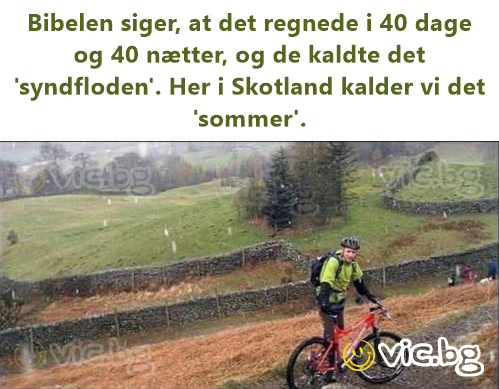 Bibelen siger, at det regnede i 40 dage og 40 nætter, og de kaldte det 'syndfloden'. Her i Skotland kalder vi det 'sommer'.