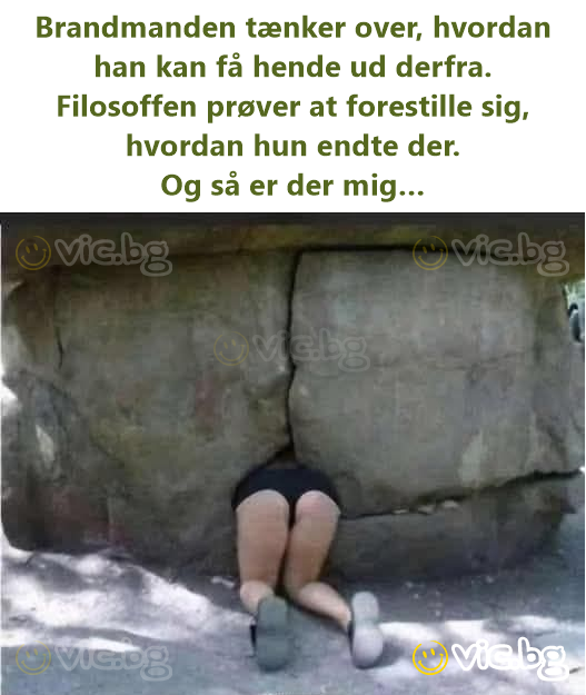 Brandmanden tænker over, hvordan han kan få hende ud derfra. Filosoffen prøver at forestille sig, hvordan hun endte der. Og så er der mig…