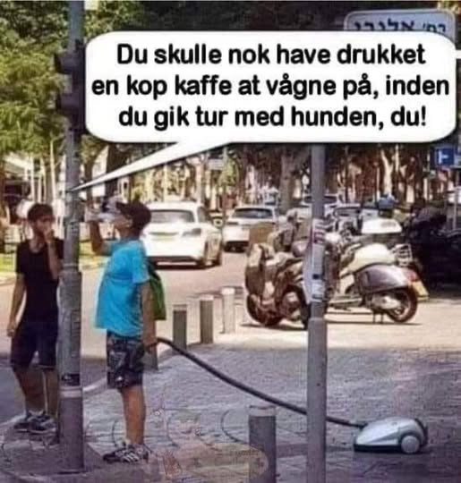 Du skulle nok have drukket en кор kaffe at vågne på, inden du gik tur med hunden, du!