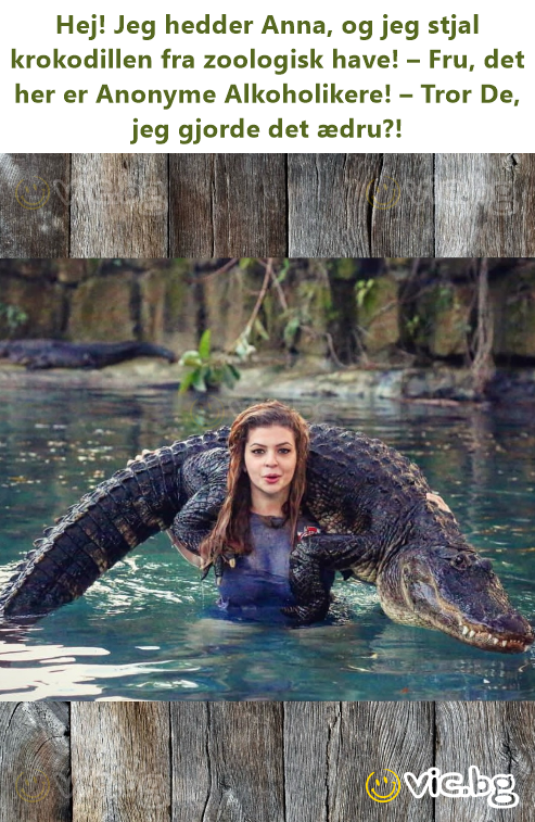 Hej! Jeg hedder Anna, og jeg stjal krokodillen fra zoologisk have! – Fru, det her er Anonyme Alkoholikere! – Tror De, jeg gjorde det ædru?!