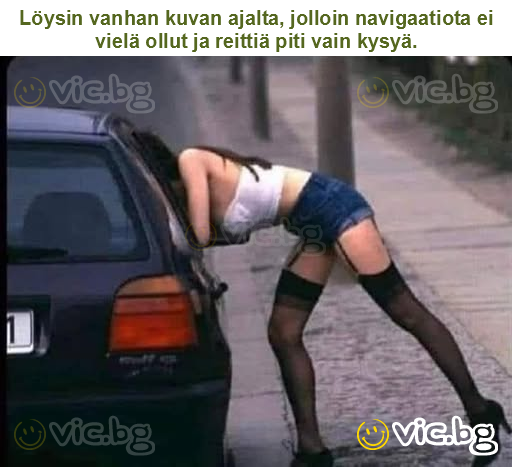 Löysin vanhan kuvan ajalta, jolloin navigaatiota ei vielä ollut ja reittiä piti vain kysyä.