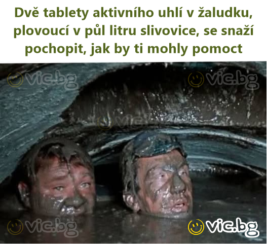 Dvě tablety aktivního uhlí v žaludku, plovoucí v půl litru slivovice, se snaží pochopit, jak by ti mohly pomoct