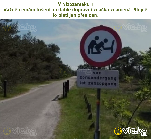 V Nizozemsku
Vážně nemám tušení, co tahle dopravní značka znamená. Stejně to platí jen přes den.