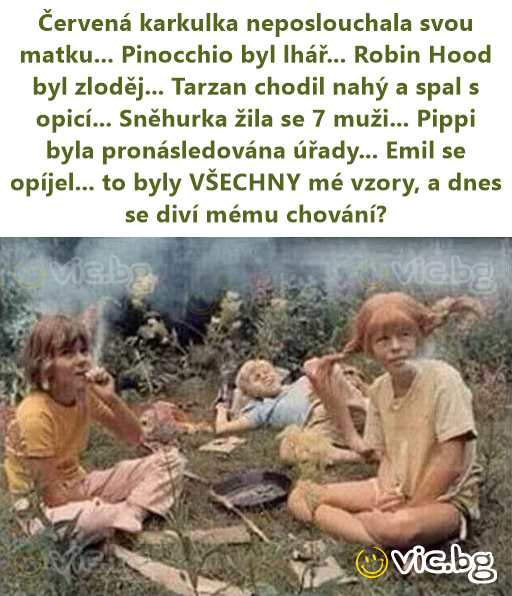 Červená karkulka neposlouchala svou matku... Pinocchio byl lhář... Robin Hood byl zloděj... Tarzan chodil nahý a spal s opicí... Sněhurka žila se 7 muži... Pippi byla pronásledována úřady... Emil se...