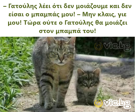– Γατούλης λέει ότι δεν μοιάζουμε και δεν είσαι ο μπαμπάς μου! – Μην κλαις, γιε μου! Τώρα ούτε ο Γατούλης θα μοιάζει στον μπαμπά του!