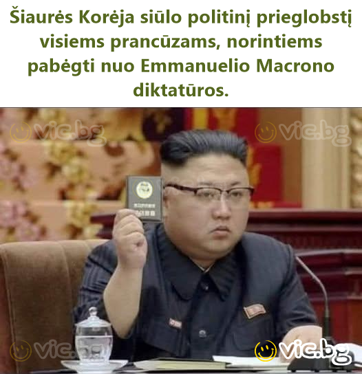 Šiaurės Korėja siūlo politinį prieglobstį visiems prancūzams, norintiems pabėgti nuo Emmanuelio Macrono diktatūros.