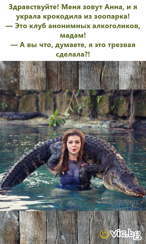 Здравствуйте! Меня зовут Анна, и я украла крокодила из зоопарка!  — Это клуб анонимных алкоголиков, мадам!  — А вы что, думаете, я это трезвая сделала?!
