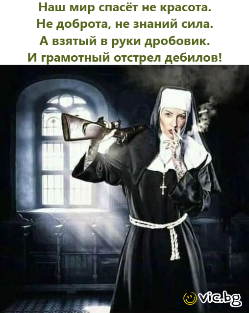 Наш мир спасёт не красота. Не доброта, не знаний сила. А взятый в руки дробовик. И грамотный отстрел дебилов!