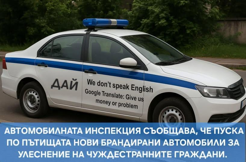 Автомобиината инспекция съобщава, че пуска по пътищата нови брандирани автомобили за улеснение на чуждестранните гражадани We do not speak English: Google translate: Give us money OR problem