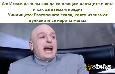 Аз: Искам да знам как да си плащам данъците и кога и как да вземам кредит Училището: Разтопената скала, която излиза от вулканите се нарича магма