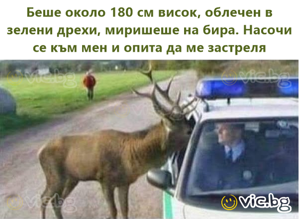 Беше около 180 см висок, облечен в зелени дрехи, миришеше на бира. Насочи се към мен и опита да ме застреля