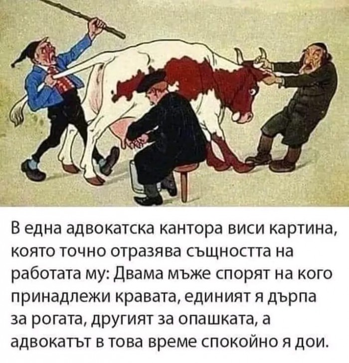 В една адвокатска кантора виси картина, която точно отразява сьщността на работата му: Двама мьже спорят на кого принадлежи кравата, единият я дърпа за рогата, другият за опашката, а адвокатът в това...