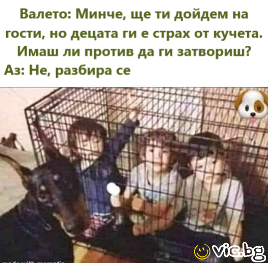 Валето: Минче, ще ти дойдем на гости, но децата ги е страх от кучета. Имаш ли против да ги затвориш? Аз: Не, разбира се