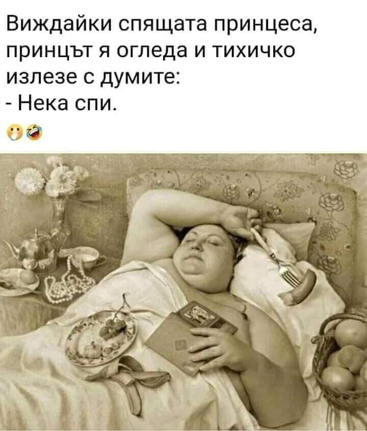 Виждайки спящата принцеса, принца я огледа, зави и тихичко излезе с думите "Нека спи"