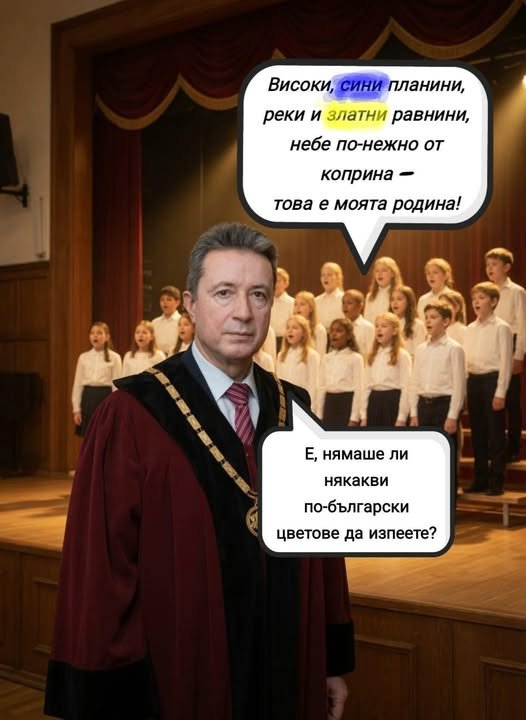 - Високи, сини планини, реки и златни равнини, небе по-нежно от коприна това е моята родина! 
- Е, нямаше ли някакви по-български цветове да изпеете?