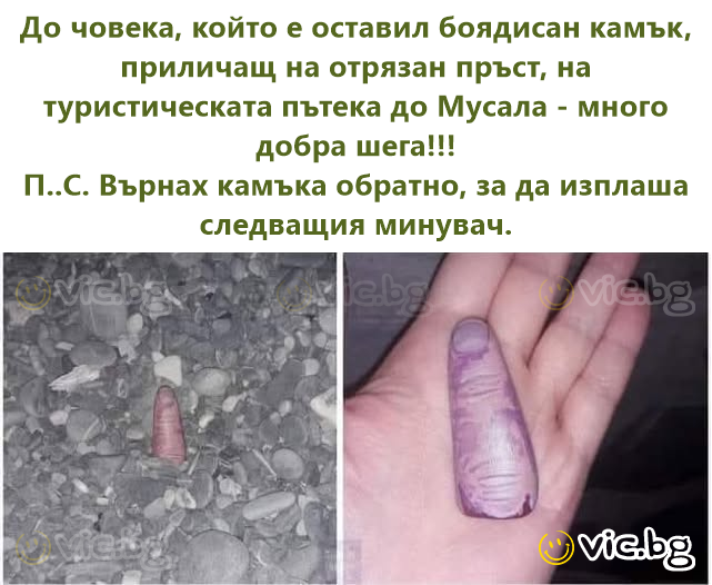 До човека, който е оставил боядисан камък, приличащ на отрязан пръст, на туристическата пътека до Мусала - много добра шега!!!  П..С. Върнах камъка обратно, за да изплаша следващия минувач.