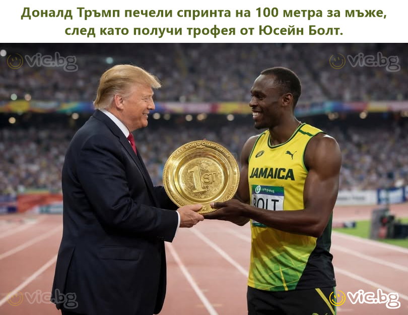 Доналд Тръмп печели спринта на 100 метра за мъже, след като получи трофея от Юсейн Болт.